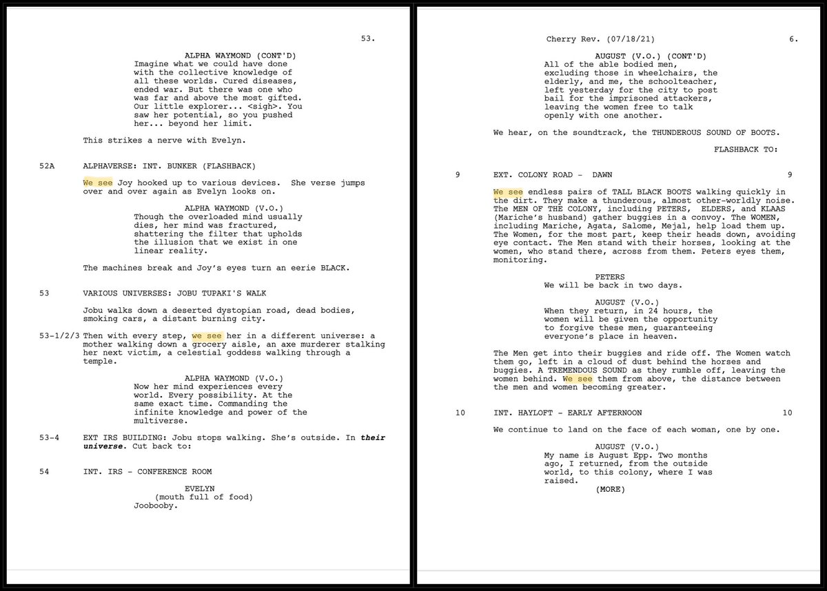 I don't know who needs to see this but here it is. “We see” used in Academy Award Nominated Screenplays for Everything Everywhere All At Once and Women Talking. #screenwriting #ScreenwritingTwitter