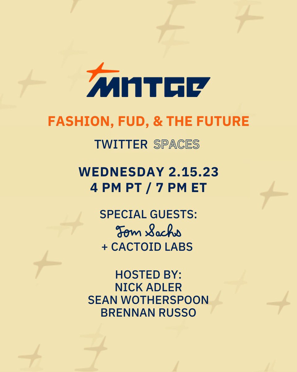💫GⓂ️! We’re back Wednesday @ 4pm PT with another episode of Fashion, FUD, & The Future Set your reminders and join us Live on Twitter Spaces alongside special guests 🚀@tom_sachs + 🌵@CactoidLabs !! 👇 twitter.com/i/spaces/1BdGY…