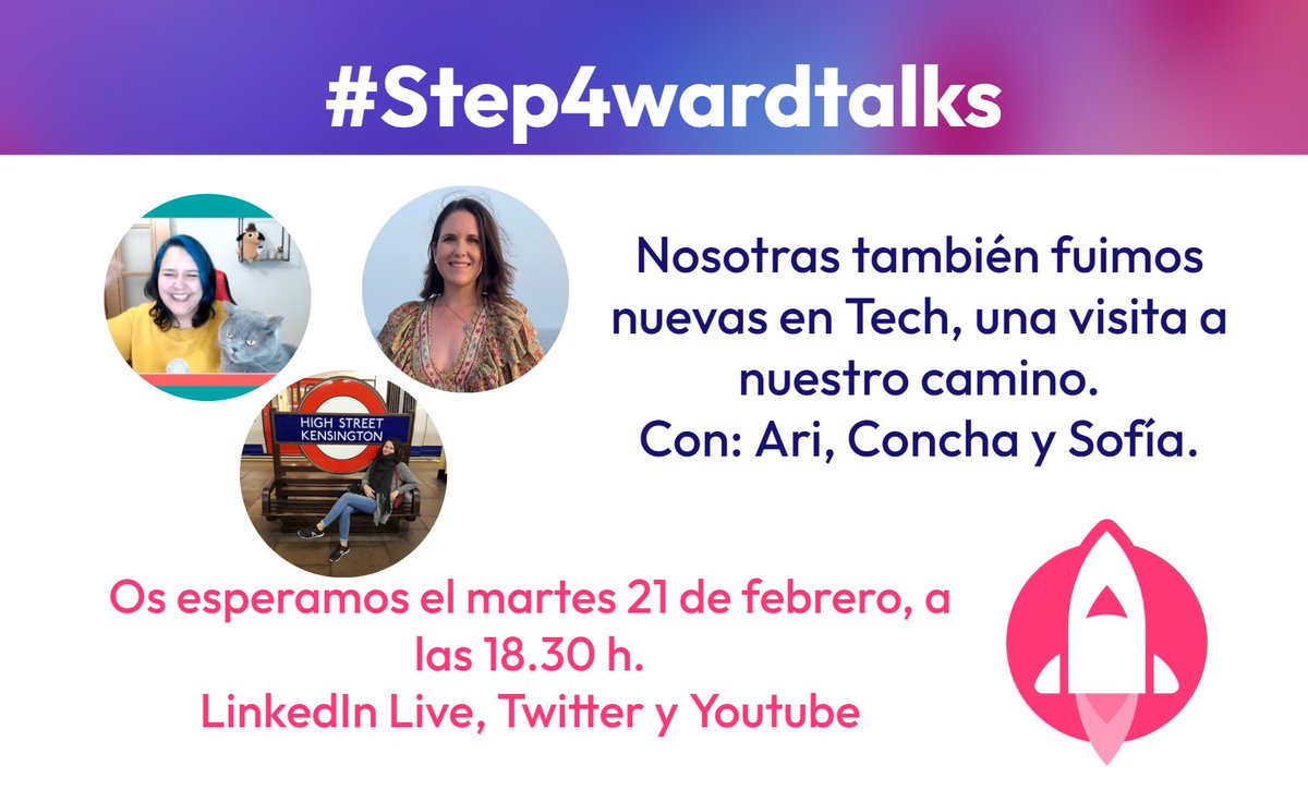 Os esperamos la semana que viene con nuestra primera  #step4wardtalks del 2023 🎉

Estaremos hablando con <a href="/Ari_Reinventada/">Ari 🤘🏼</a> , <a href="/conchaasensio/">Concha Asensio</a>  y <a href="/imsofiacarballo/">Sofia</a> quienes nos contarán cómo han recorrido el camino para su cambio de carrera. 💜