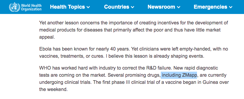 HealthLawAdamH's tweet photo. Some irony that the last time Canada & Big Tobacco were collaborators on a promising tool to tackle a deadly outbreak, the WHO was in favour of it (and never really mentioned the tobacco angle). Too bad #ZMapp for #Ebola didn't work as hoped, but here's the WHO DG in 2015: https://t.co/DCQeY5jmV9