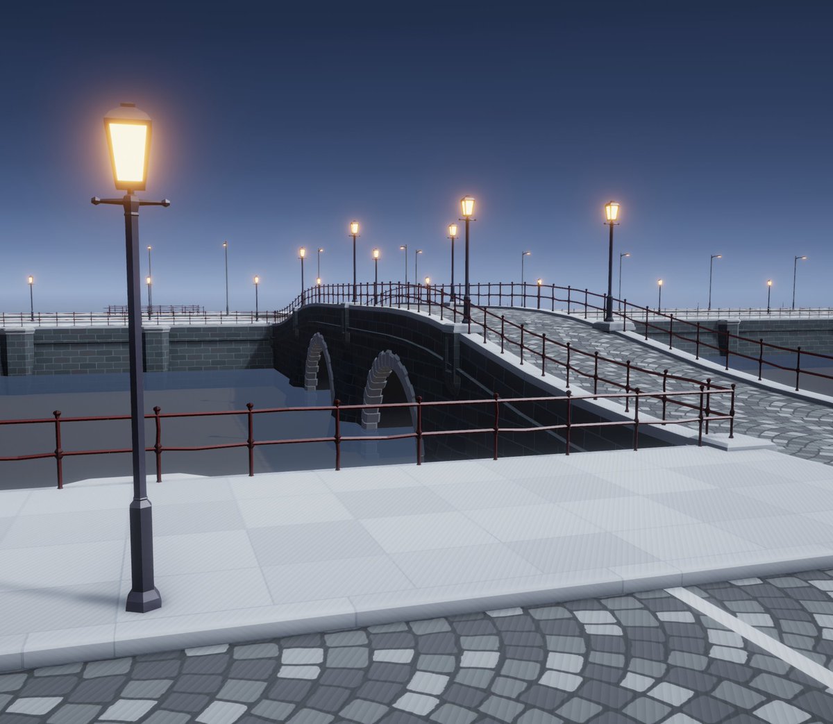 One of many possible bridges you could build in #lowpoly in my upcoming asset pack: Low-Poly Fortified Stone Bridges.
So, it's not just fantasy / historic bridges you can build.

#indiedev #indiedeveloper