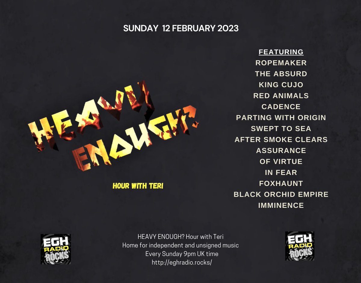 MusicMattersTee's tweet photo. Today 9pmUKtime worldwide #TuneIn @EGHRocks
#ListenHere
⇒https://t.co/aQGYmXtSH9
#HeavyEnough hour play the great new music from-
#ROPEMAKER @theabsurdband @KingCuj0 @red_animals @ThatCadenceUK #PartingWithOrigin @SweptToSea +more
Info:https://t.co/ivr7EnJbZH
#NewMusicAlert https://t.co/NauJpgT42Y