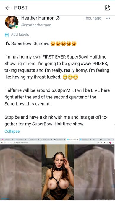 Come see me tonight for the Heather Harmon Halftime show.❤❤❤ Live on Onlyfans. https://t.co/E9jPcheWq0<a href="/tag/savelives"class="tags"><span>#savelives</span></a><a href="/tag/staysafe"class="tags"><span>#staysafe</span></a><a href="/tag/stayhome"class="tags"><span>#stayhome</span></a>