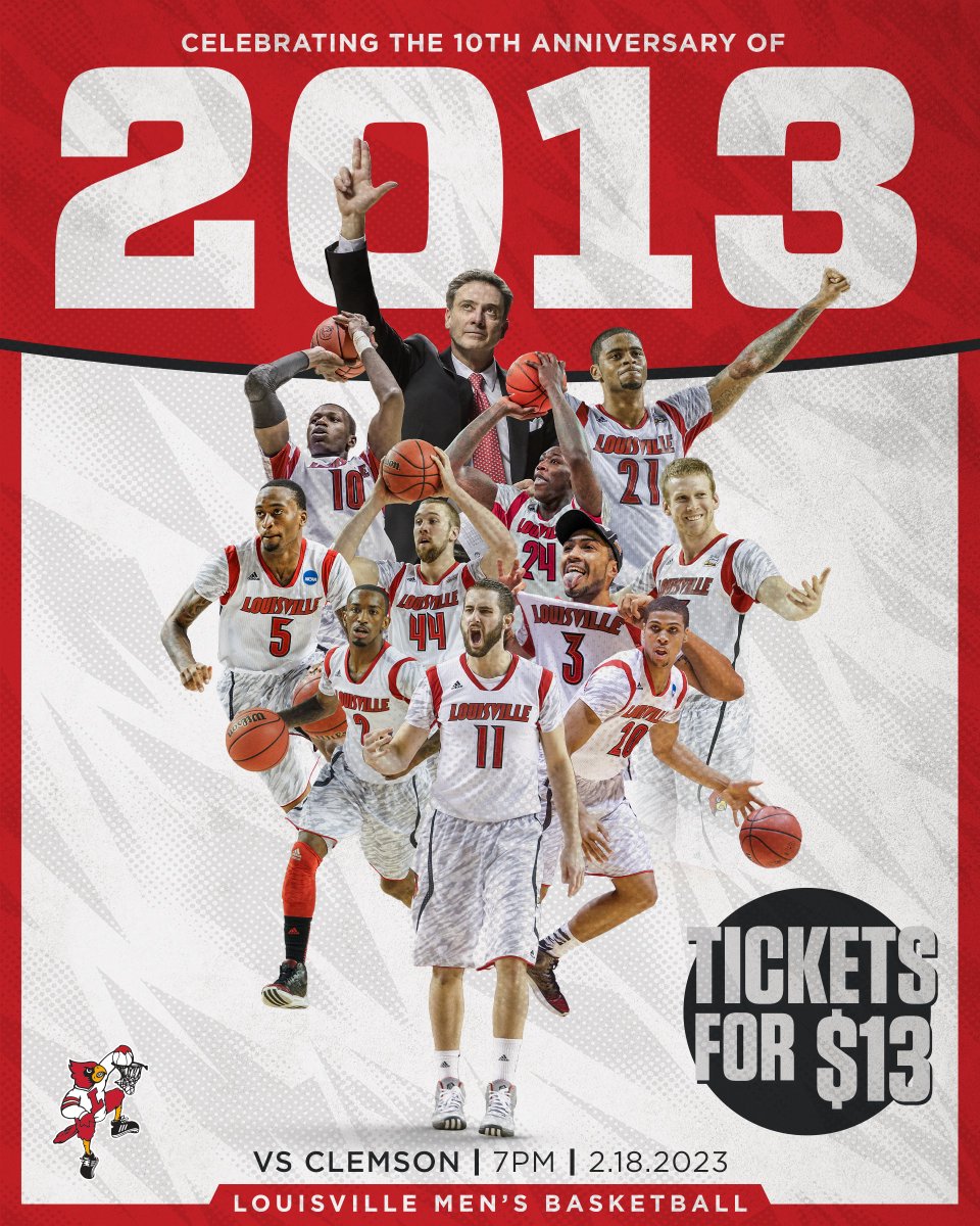 LouisvilleMBB's tweet photo. Help pack the stands as we celebrate the 10th Anniversary of 2013 on Feb. 18!

Still need tickets?

Get your $13 tickets now: https://t.co/dkELEjy8pm

#GoCards https://t.co/3vCEDMzX9q