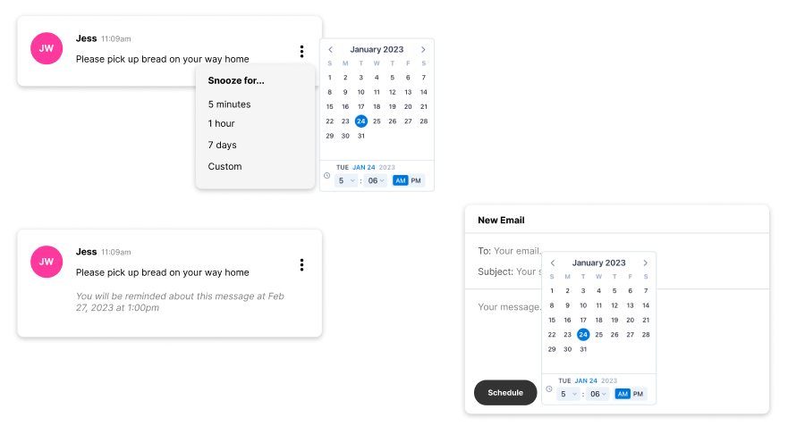 Live examples coming soon to snoozable.io so you can play with the power of scheduling! Very excited to get this into your hands. #buildinginpublic #buildinpublic #indiehackers