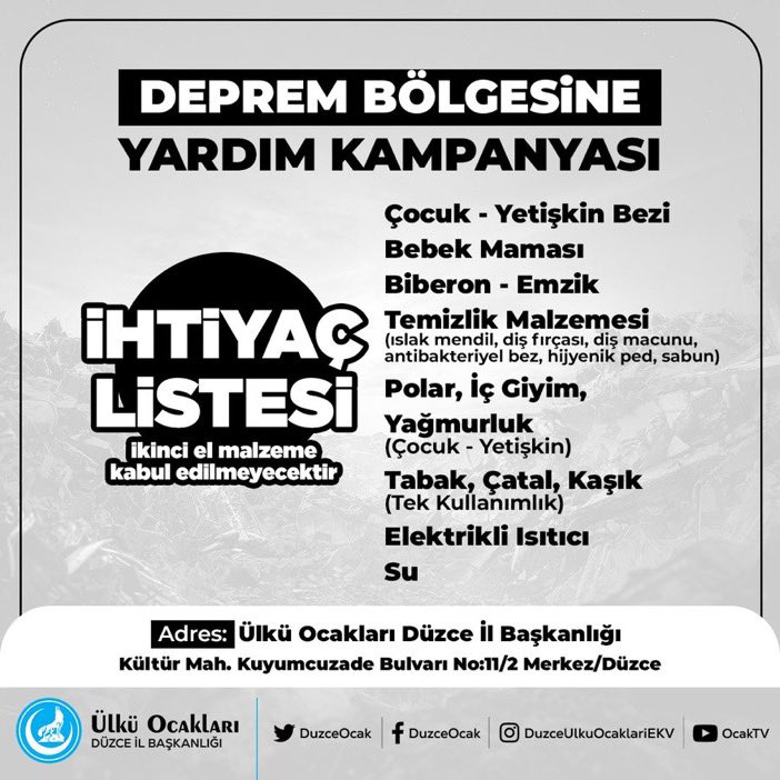 DuUlkuculeri's tweet photo. Ülkü Ocakları Düzce İl Başkanlığı olarak afet bölgesine düzenleyeceğimiz yardım kampanyasına tüm Düzceli hemşehrilerimizi davet ediyoruz. https://t.co/nfPsDeS2AI