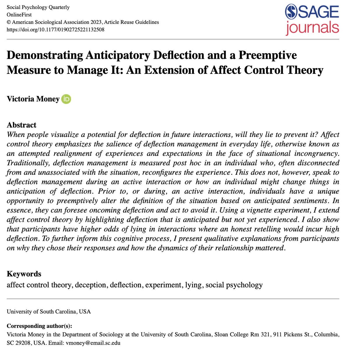 Social Psychology Quarterly (@spquarterly) on Twitter photo Check out OnlineFirst- “Demonstrating Anticipatory Deflection and a Preemptive Measure to Manage It: An Extension of Affect Control Theory” by @vikimoney
journals.sagepub.com/doi/10.1177/01…
<a href="/ASASocPsych/">Social Psychology Section - ASA</a> <a href="/SocEmotions/">ASA Emotions Section</a> Check out OnlineFirst- “Demonstrating Anticipatory Deflection and a Preemptive Measure to Manage It: An Extension of Affect Control Theory” by @vikimoney
journals.sagepub.com/doi/10.1177/01…
<a href="/ASASocPsych/">Social Psychology Section - ASA</a> <a href="/SocEmotions/">ASA Emotions Section</a>