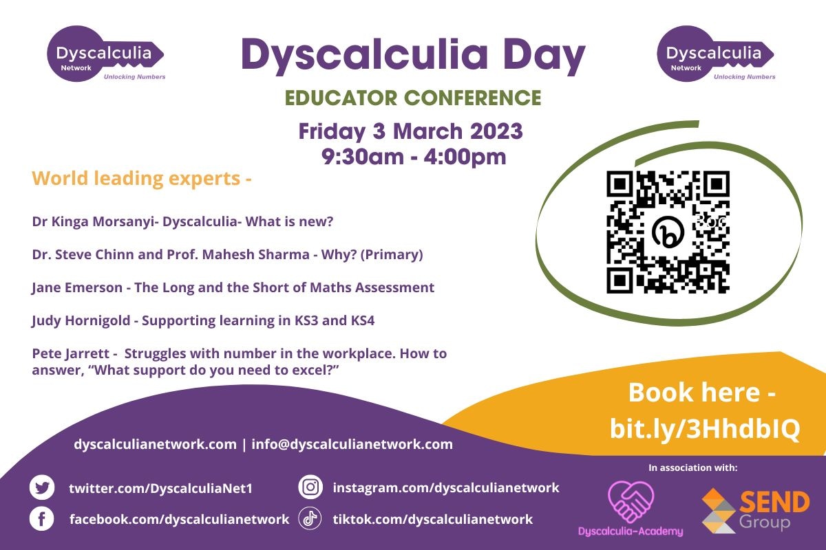 Dyscalculia Day 2023! 
Our Educator Webinar Conference - recorded if you need to catch up later! AMAZING world-renowned Dyscalculia  specialists! 

bit.ly/3HhdbIQ

#DyscalculiaDay23 #Dyscalculia #dyscalculiaawareness #mathsdifficulties 
#education #educationconference