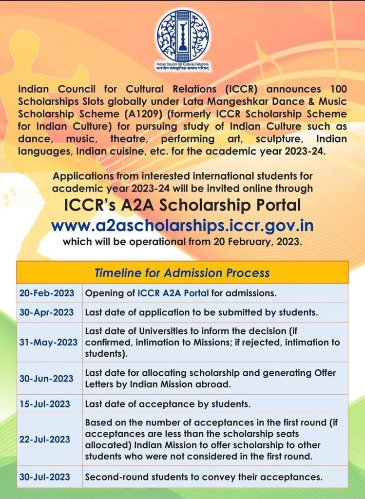 Interested applicants for the scholarship slots under 'Lata Mangeshkar Dance & Music Scholarship Scheme' announced by @iccr_hq may please note the timeline given below in order not to miss it. Hurry as these 100 scholarships are open to all international students @MaheshIFS