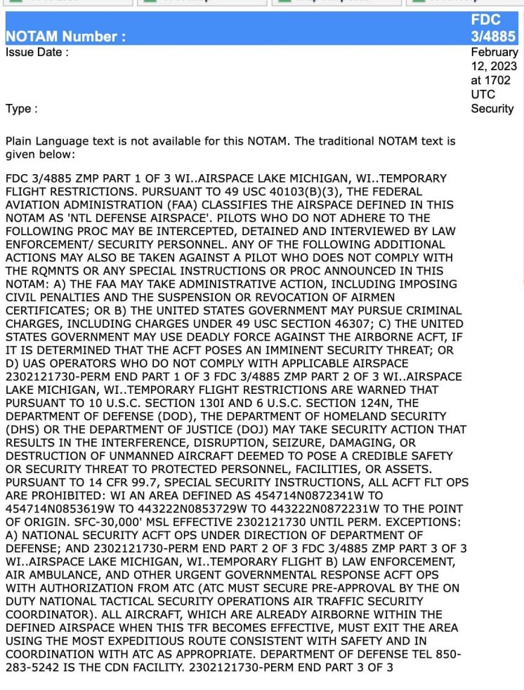 gepardtatze's tweet image. 🇺🇸 haben vor einer Stunde den Luftraum über dem Lake Michigan geschlossen und als "Defense Airspace" defined. Begründung: Nicht identifiziertes Flugobjekt.