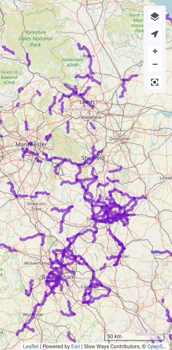 Oh my gosh! Thanks to @BeeryHikerHugh's recent efforts and those of many others - central #Manchester is very nearly connected to #Sheffield #Nottingham #Birmingham #Coventry #Worcester and #Ledbury with verified #SlowWays! 🐌 Just two people could make the connection in a day.