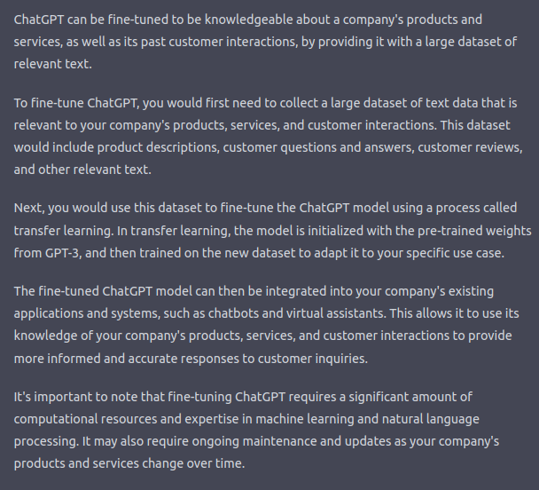 abulbasar's tweet photo. How chatgpt be trained on companies products and services and past case histories created by the customers? https://t.co/LGNMI9hAYB