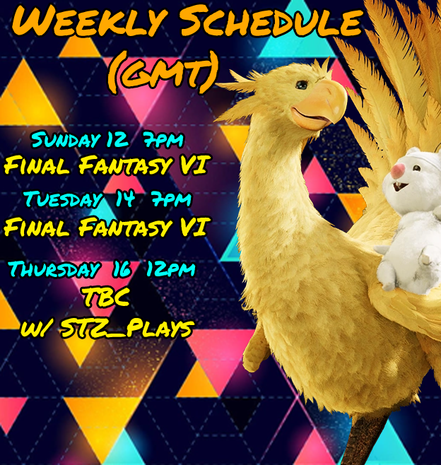 Here's what I'm streaming this week, starting with Final Fantasy VI in about half an hour :D

Twitch link below 👇