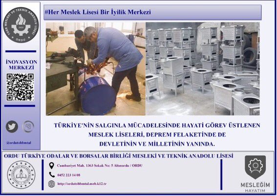 #HerMeslekLisesiBirİyilikMerkezi
Türkiye'nin salgınla mücadelesinde hayati görev üstlenen meslek liseleri, deprem felaketinde de devletinin ve milletinin yanında.<a href="/tcmeb/">Millî Eğitim Bakanlığı</a> <a href="/prof_mahmutozer/">Mahmut Özer</a> <a href="/nznsener/">Nazan ŞENER</a> <a href="/GelenMustafa/">〽️G</a> <a href="/TCOrduValiligi/">Ordu Valiliği</a> <a href="/Ordu_MEM/">Ordu İl Millî Eğitim Müdürlüğü</a> <a href="/altinordu_mem/">Altınordu İlçe Milli Eğitim Müdürlüğü</a> <a href="/OrduTOBB_MTAL/">ORDU TOBB MESLEKİ VE TEKNİK ANADOLU LİSESİ</a>