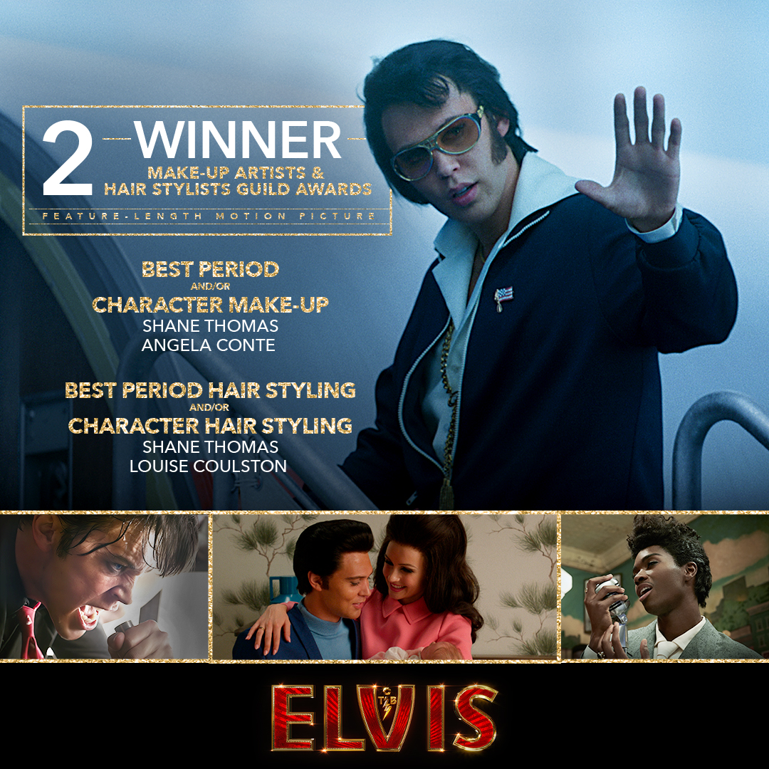 Congratulations to Shane Thomas, Angela Conte, and Louise Coulston on their #MUAHSAwards wins for Best Period and/or Character Make-Up and Best Period Hair Styling and/or Character Hair Styling in a Feature-length Motion Picture for #ElvisMovie.