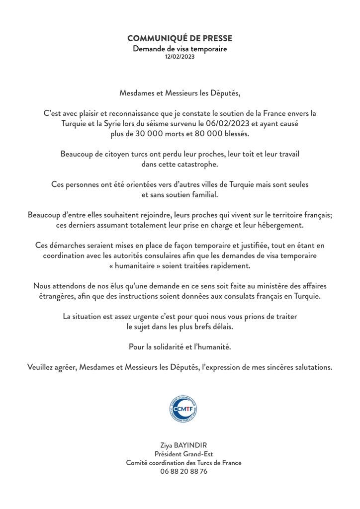 La communauté turque de France appelle les députés à faciliter les démarches d’obtention de visas temporaires pour les familles victimes du seisme en Turquie.
🇫🇷🤝🏼🇹🇷
<a href="/Herve_Magro/">Hervé Magro</a> <a href="/Interieur_Gouv/">Ministère de l'Intérieur</a> <a href="/FranceenTurquie/">La France en Turquie 🇫🇷🇪🇺</a> <a href="/GDarmanin/">Gérald DARMANIN</a>
#VisaTemporaireSeismeTurquie ⁦<a href="/Prefet57/">Préfet de la Moselle</a>⁩