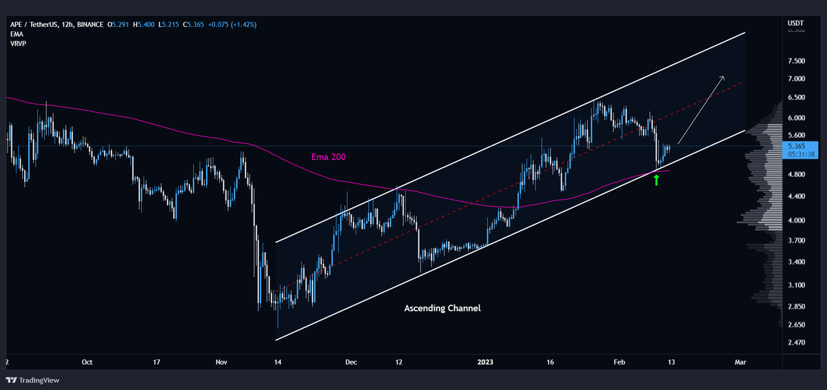 #APE has retraced off Ema 200 on 12h + bottom of ascending channel👀

Bullish📈