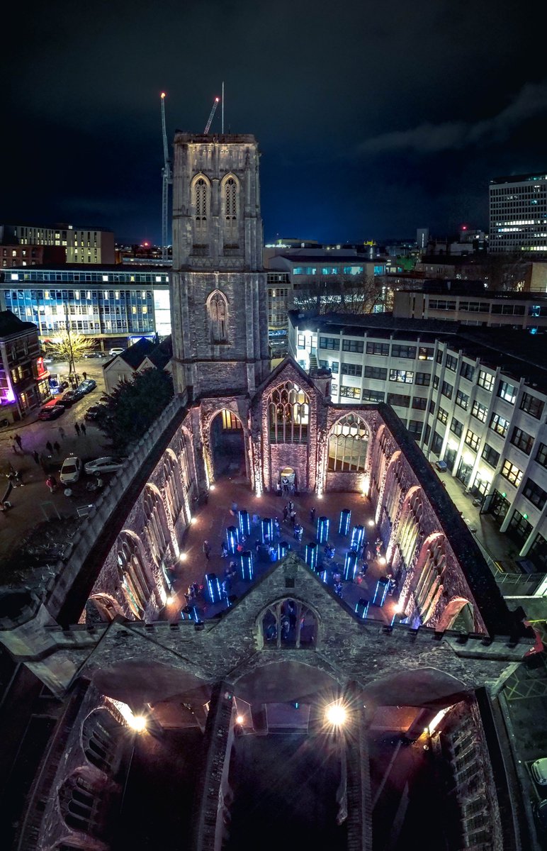 Continuum by <a href="/illumaphonium/">illumaphonium</a> and the city during <a href="/bristol_light/">Bristol Light Festival</a>, from the air and the ground. All in an <a href="/EnglishHeritage/">English Heritage</a> church, which survived WWII bombing. #BristolLightFestival