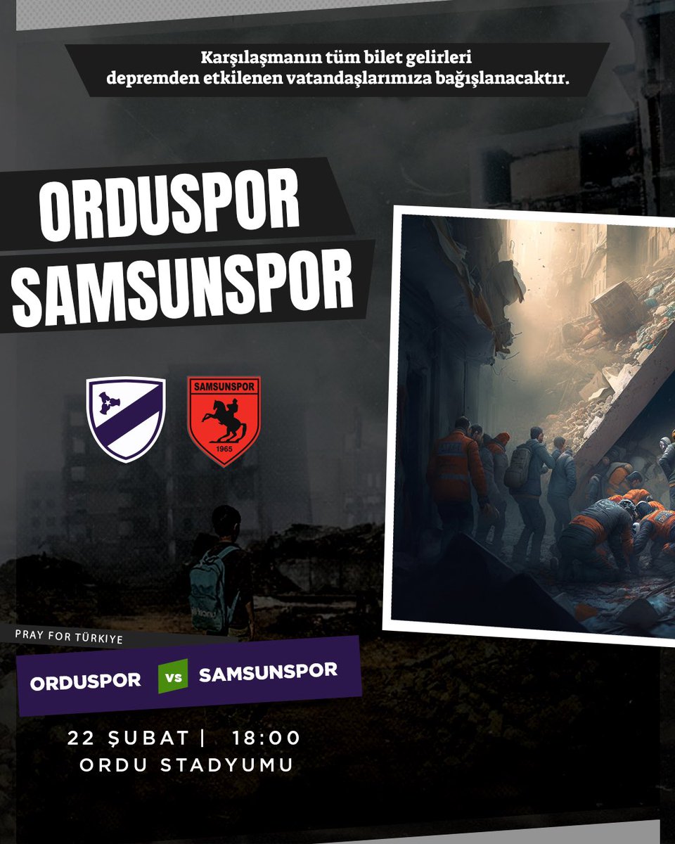 orduspor's tweet photo. 📢 Depremin yaralarını birlikte saracağız!
22 Şubat 2023 Çarşamba akşamı saat 18.00’de Yeni Ordu Stadyumu’nda @Samsunspor ile karşılaşıyoruz. 

Karşılaşmanın bilet gelirlerinin tamamı depremden etkilenen vatandaşlarımıza bağışlanacaktır. https://t.co/WDHtHhzJiC