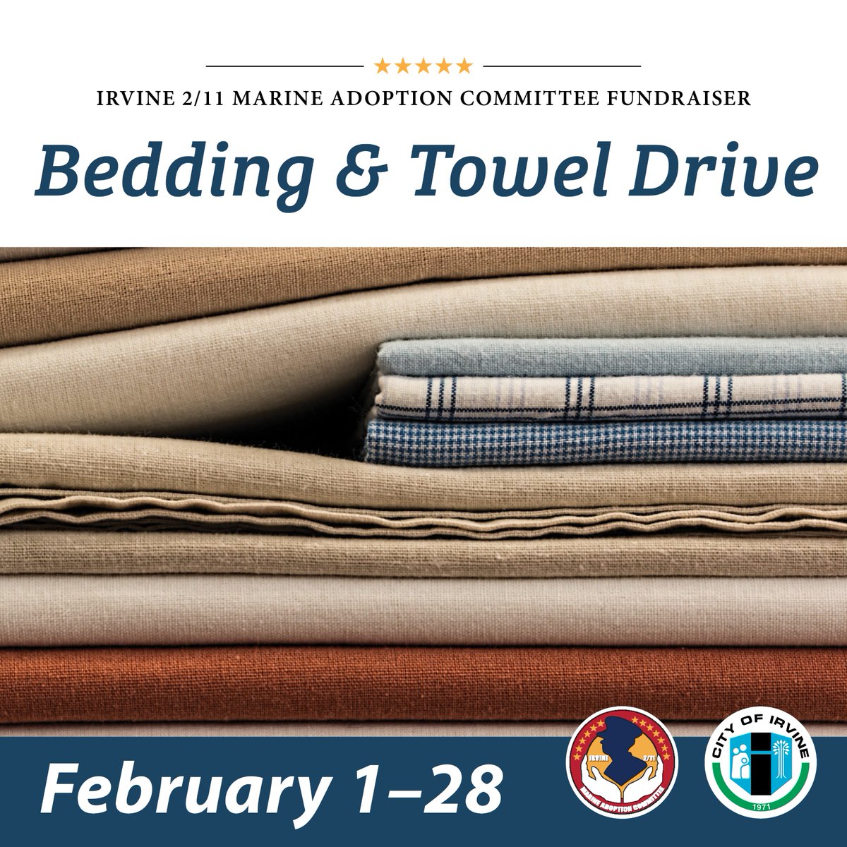 City_of_Irvine's tweet photo. Help the members of Irvine’s adopted 2/11 Marine Battalion feel at home in their barracks during the Bedding and Towel Drive.

Drop off donations through Feb. 28 at Irvine City Hall or the Great Park Visitors Center. More info: https://t.co/nQbeGugPti.

#WeAreIrvine https://t.co/hQ3S0bcMk5