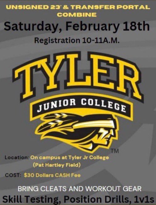 Tyler Junior College is hosting a camp for all unsigned seniors/transfer portal athletes! Will be a great opportunity for any unsigned seniors.