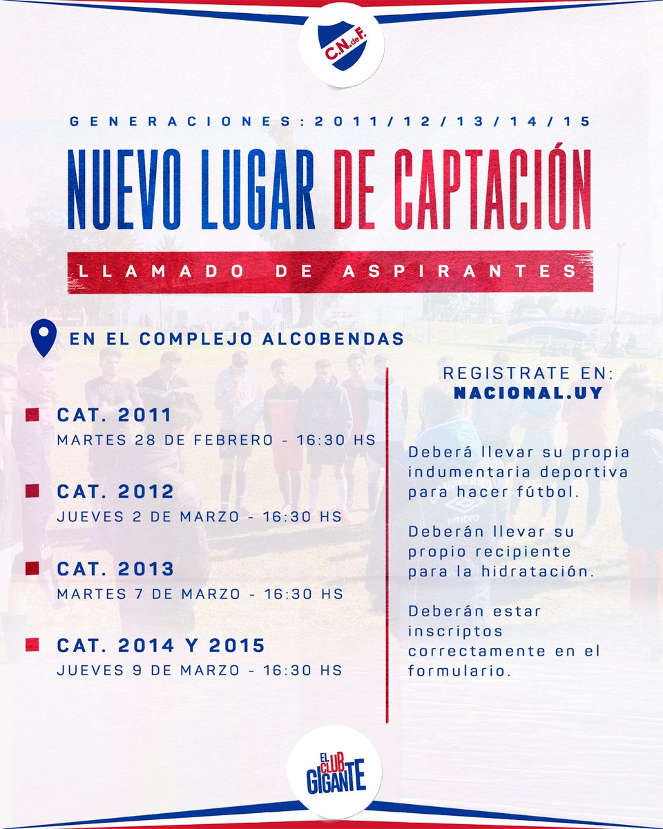 Llamado de aspirantes ‼️⚽️

📍Complejo Alcobendas 
🗓 Fecha y hora según categoría ⬇️
💻 Registrate en bit.ly/3XkYZDv 

#ElClubGigante 🔵⚪️🔴