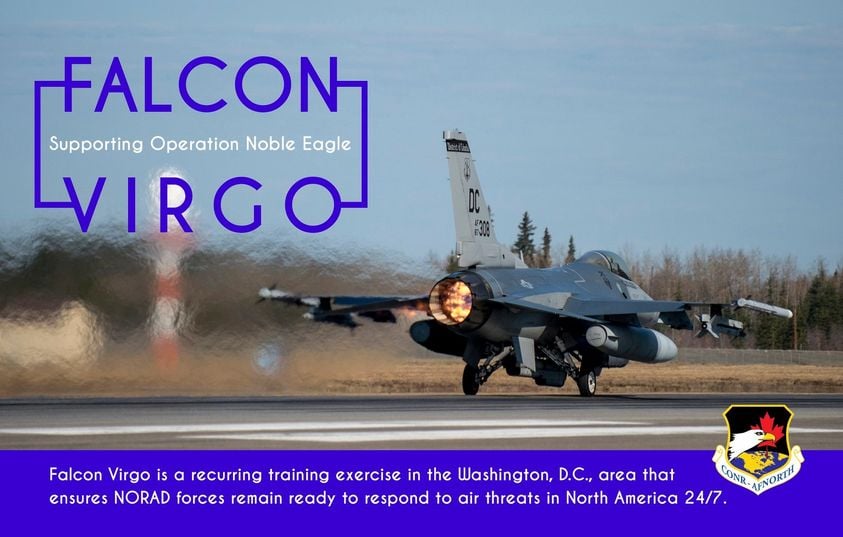 1stAF's tweet image. @NORADCommand&apos;s Continental U.S. Region is scheduled to conduct Falcon Virgo, a routine air defense exercise, midnight to 2:30 a.m. (EST) Feb. 14 in the Washington D.C. area.  This is a recurring exercise in support of Operation NOBLE EAGLE. 
@aircombatcmd @USArmy @USCG