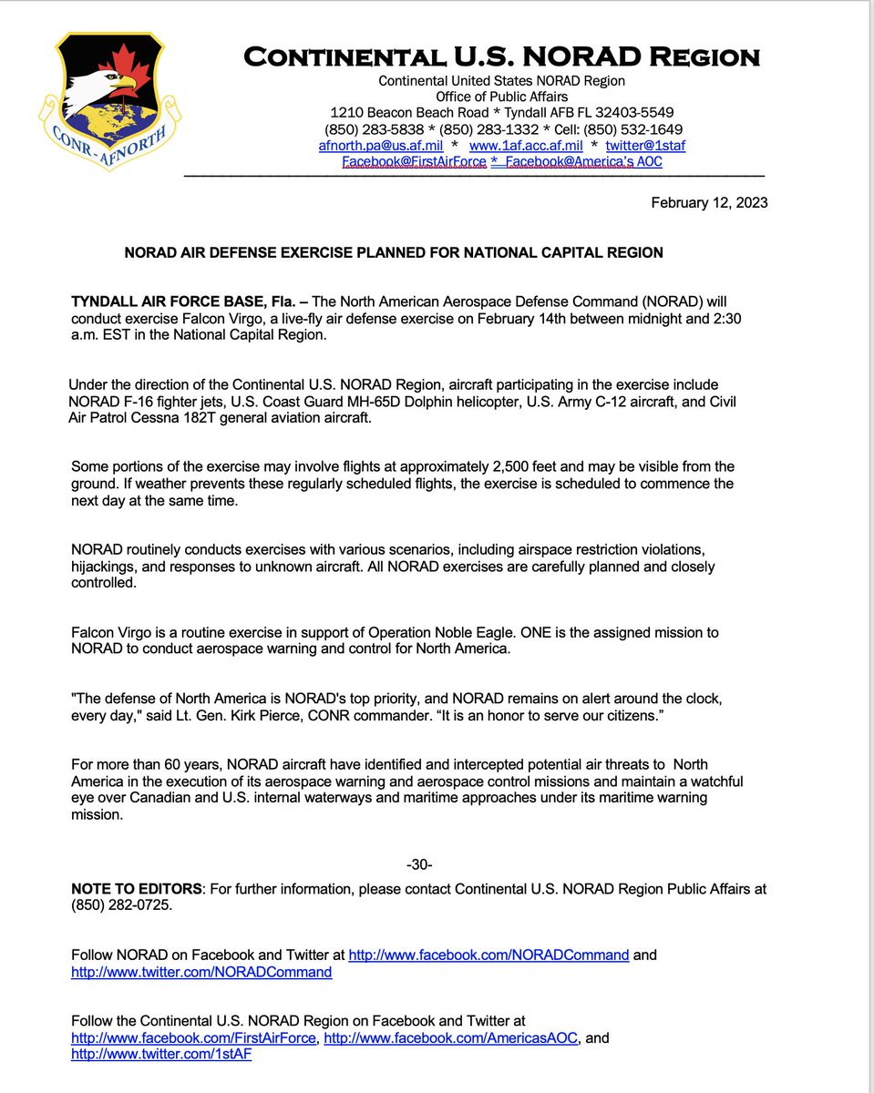 1stAF's tweet image. @NORADCommand&apos;s Continental U.S. Region is scheduled to conduct Falcon Virgo, a routine air defense exercise, midnight to 2:30 a.m. (EST) Feb. 14 in the Washington D.C. area.  This is a recurring exercise in support of Operation NOBLE EAGLE. 
@aircombatcmd @USArmy @USCG