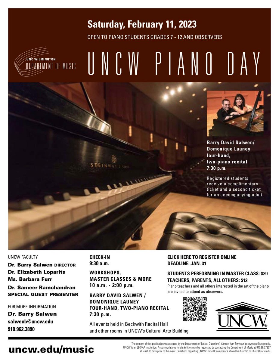 Roverbird_Music's tweet photo. Congratulations to Dr. Barry Salwen and Dominique Launey on a wonderful concert last night to end this years Piano Day at UNCW. Very grateful to Dr. Salwen for performing the first movement of my piano sonata, Ballad, with great care expressiveness. Bravo! https://t.co/Er72TjLPi7