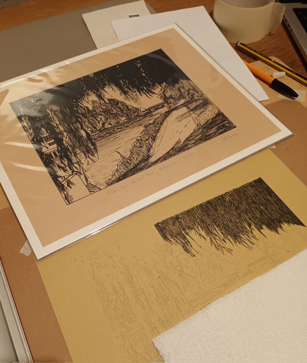 ReadButNotHeard's tweet image. First nighttime drawing in a while and it's a rework of a popular willow along the towpath in Tottenham Hale. 
The mark making on the overhang is already different. Keen to see how it finishes up. #commission