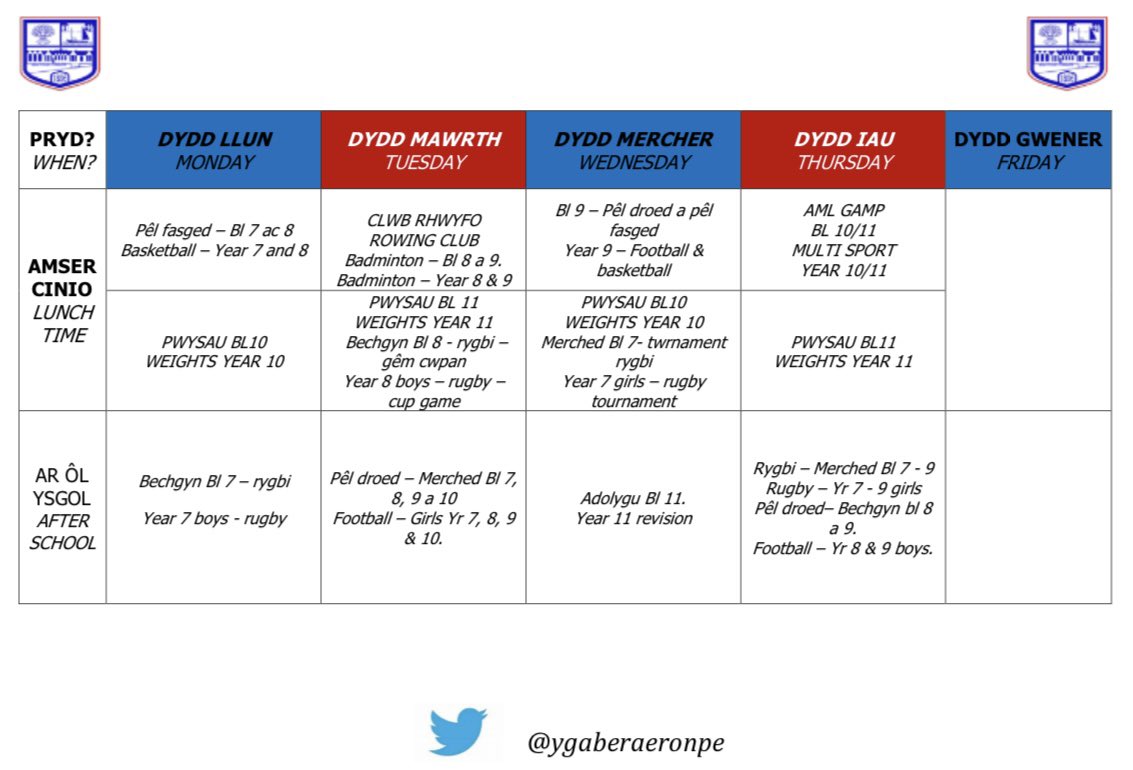Gweithgareddau chwaraeon all-gyrsiol sydd ymlaen wythnos уma. Extracurricular sports activities that are happening this week. 🏉⚽️🏀🏑