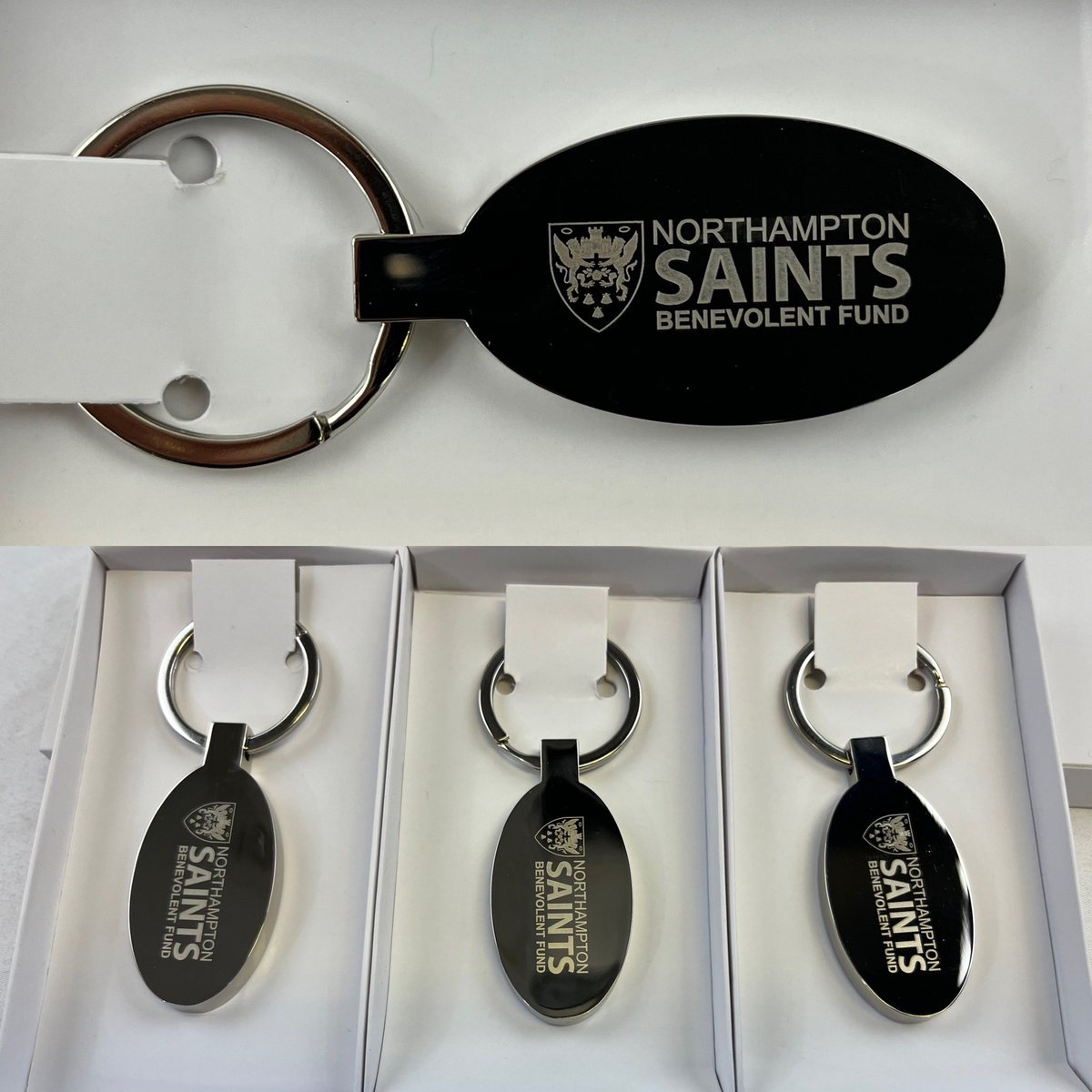 PromoPrintNton's tweet photo. Delighted to supply @SaintsRugby Benevolent Fund with these keyrings for their recent past players event. Laser engraving the logo on to a metal keyring give a fantastic result https://t.co/OTSTqLCtKQ