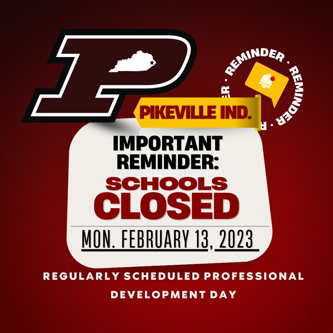 Pikeville Schools (@pikevilleind) on Twitter photo Reminder: <a href="/PikevilleHigh/">Pikeville High School</a> & <a href="/PikevilleElem/">Pikeville Elementary School</a> are closed Monday Feb 13th 2023 for regularly scheduled Professional Development Day. Reminder: <a href="/PikevilleHigh/">Pikeville High School</a> & <a href="/PikevilleElem/">Pikeville Elementary School</a> are closed Monday Feb 13th 2023 for regularly scheduled Professional Development Day.