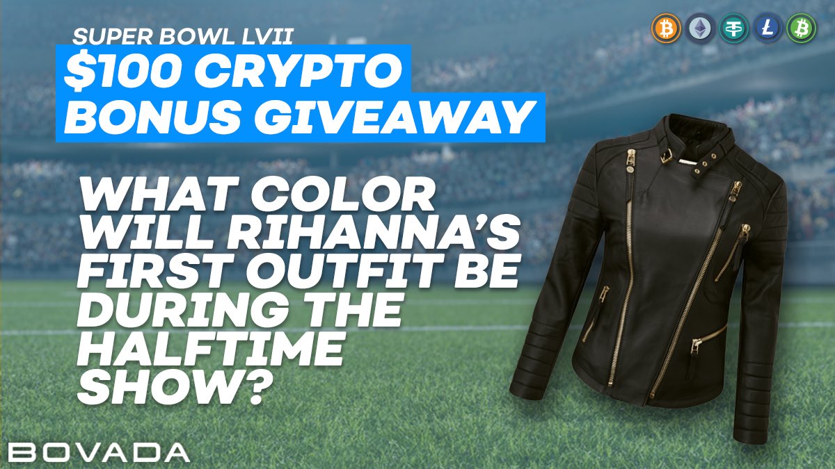 🏈$100 Crypto Bonus Giveaway🏈

To enter:

🔁 this tweet
+ Follow <a href="/Bovada_Casino/">Bovada Casino</a> 
+ Tell us the color of Rihanna’s first outfit during the halftime show?

#SuperBowl props ➡️ bit.ly/SuperBowlBetOd…

Terms: bit.ly/B1vDCt
