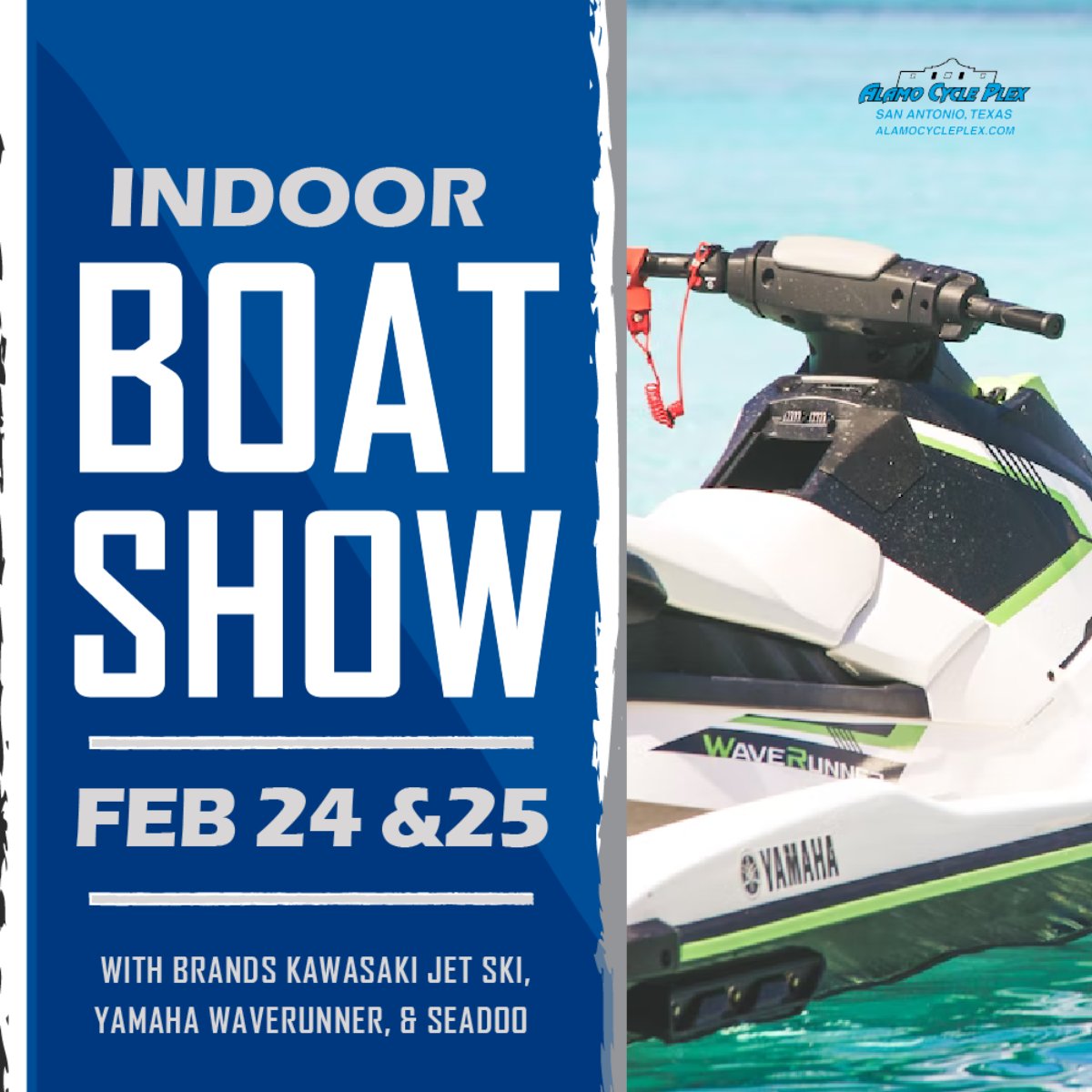 It may be winter, but we're ready to get back out on the water! We're launching our 2022 indoor boat shows tomorrow at Alamo Cycle Plex! ACP will have full displays of all three major brands of PWC: Kawasaki, Yamaha Waverunner, and Seadoo. Join us to enjoy discounts and drinks!