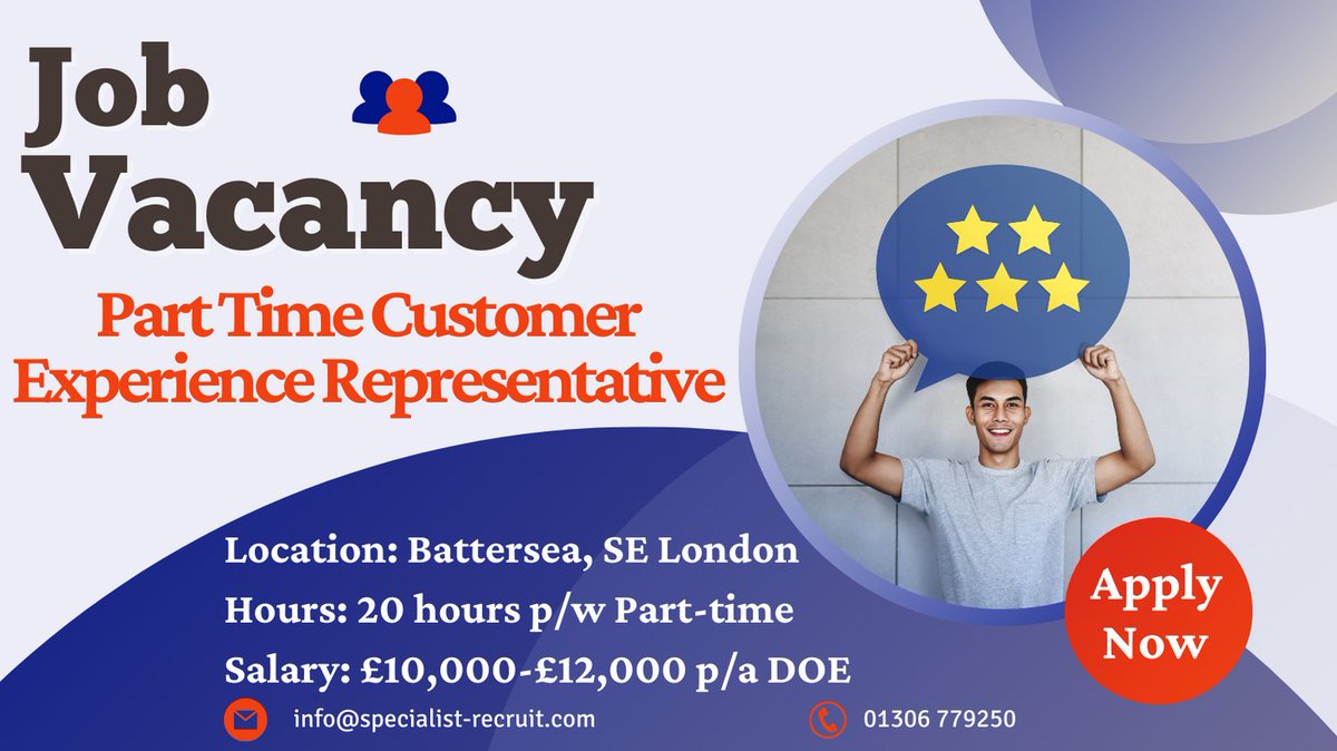 Part Time Customer Experience Representative vacancy alert! 🚨 

APPLY TODAY: jobs.specialist-recruit.com/job/part-time-…

#CustomerExperienceRepresentativeJobs #UKCustomerExperienceRepresentativeJobs #UKCustomerServiceJobs #CustomerServiceJobs #UKPartTimeJobs #BatterseaJobs #SELondonJobs