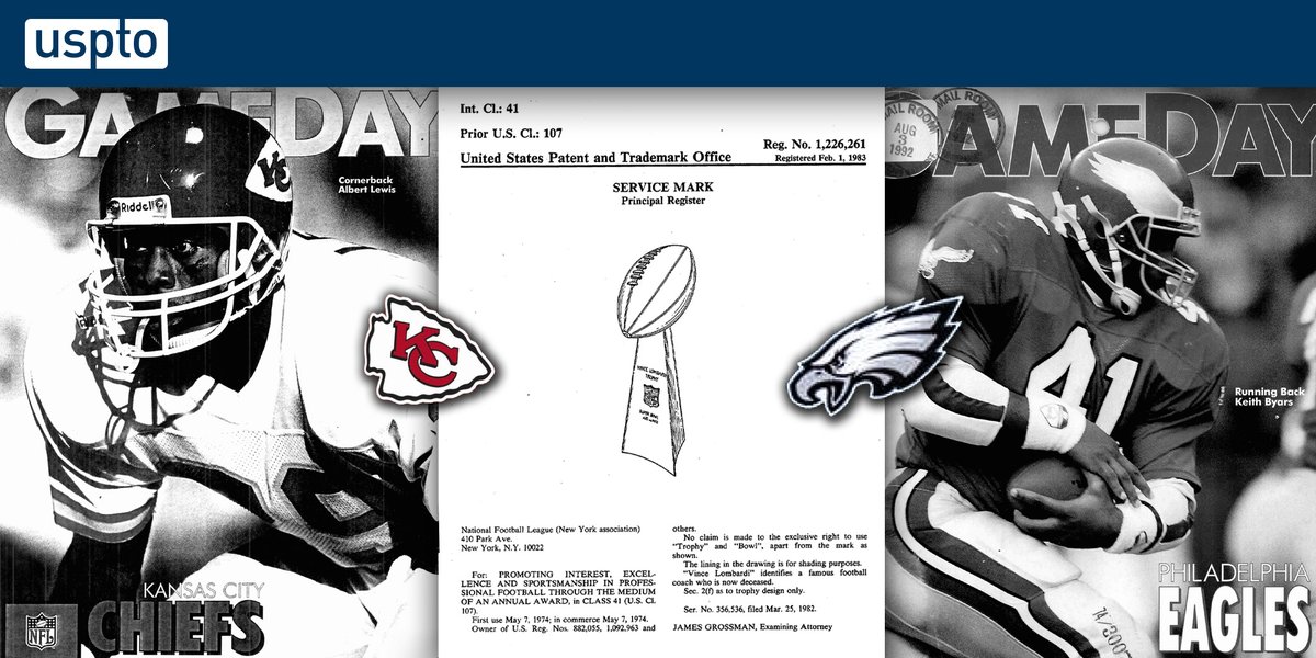 uspto's tweet photo. Who do you think will take home the Vince Lombardi Trophy® tonight - @Chiefs or @Eagles?
The shape of the trophy and both team names are registered trademarks!
#MarkTheCompetition #SBLVII https://t.co/P9HRK8tIgB