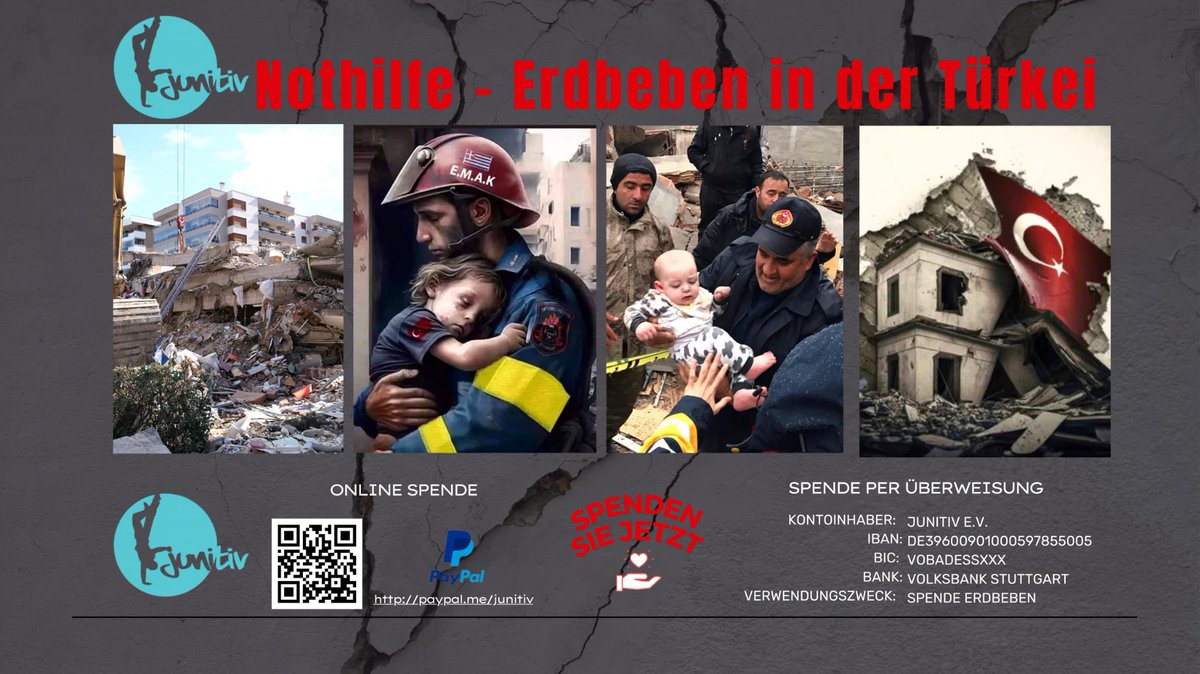 Wenn Sie nach der Erdbeben-Katastrophe für die Menschen in der Türkei spenden möchten, startet <a href="/junitiv_eV/">Junitiv e.V.</a> eine Hilfe-Aktion.
#junitivhilft 
#HilfeFürErdbebenopfer