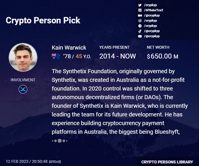cryptoteka_io's tweet photo. 🤴🛸🤗 CRYPKYP Crypto Persons

Kain Warwick / Synthetix

The founder of Synthetix is Kain Warwick 
(@kaiynne), who is currently leading the team for its future development.

He has experience building #cryptocurrency #payment platforms in Australia ...

https://t.co/EEiupXe2Rk https://t.co/xl3df5LKAx