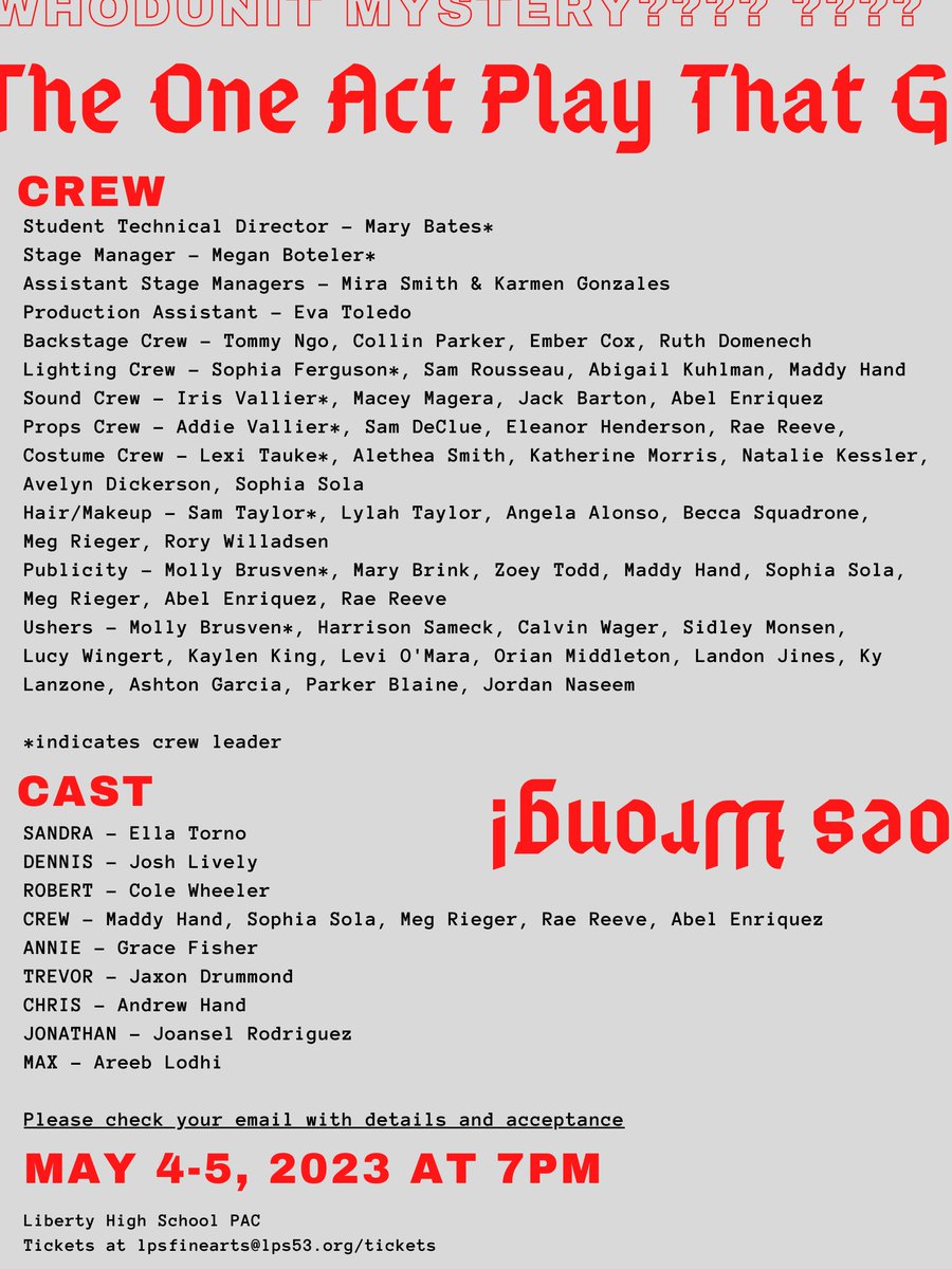 What a SUPER day to announce the cast of the Spring Show... Congratulations to all! Keep an eye on your email for more details!

GO CHIEFS

@MrTurpinLPS <a href="/gehrleinka/">Katherine Gehrlein</a> <a href="/LPSFineArts/">LPS Fine Arts</a>