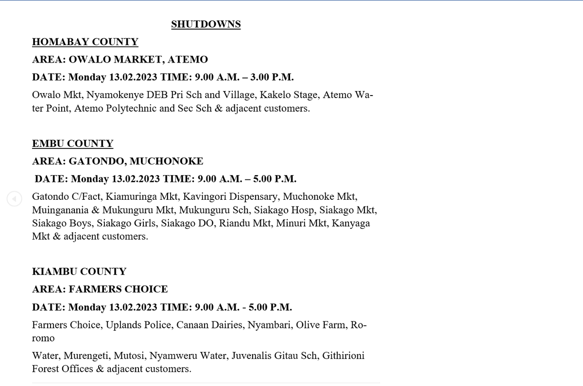 KenyaPower_Care's tweet photo. Good evening. Please receive tomorrow's scheduled outages for the date Monday, 13 February 2023. 

You can access the full schedule ahead of time through the link: https://t.co/9EAOU4j1nC Thank you. ^CN https://t.co/Kg3CMdhDQ5