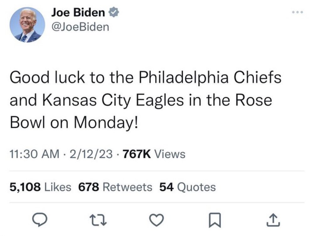 MLFootball's tweet photo. President Joe Biden has wished the Philadelphia #Chiefs and the Kansas City #Eagles good luck in the Rose Bowl on Monday https://t.co/Re2Ngbfm8o