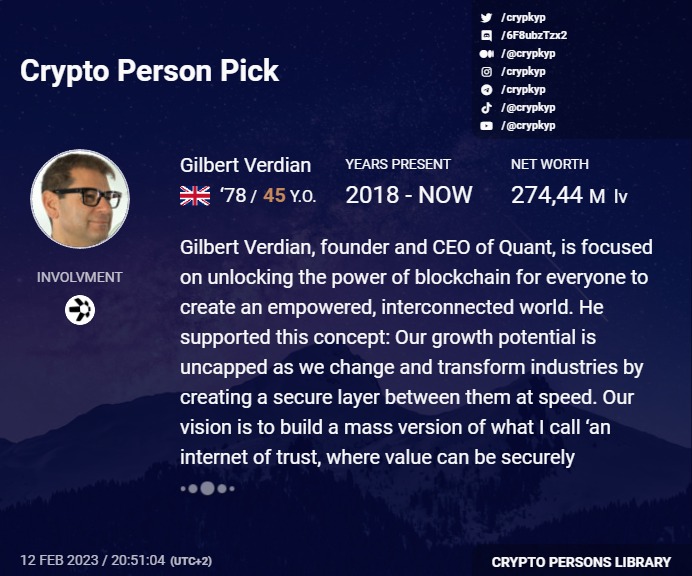 cryptoteka_io's tweet photo. 🤴🛸🤗 CRYPKYP Crypto Persons

Gilbert Verdian / Quant

The founder and CEO of #Quant (@quantnetwork), is focused on unlocking the power of #blockchain for everyone.

Verdian (@gverdian) established the Blockchain ISO Standard #TC307 initiative in 2015.

https://t.co/E79VlqprgE https://t.co/4mZh8A35V4