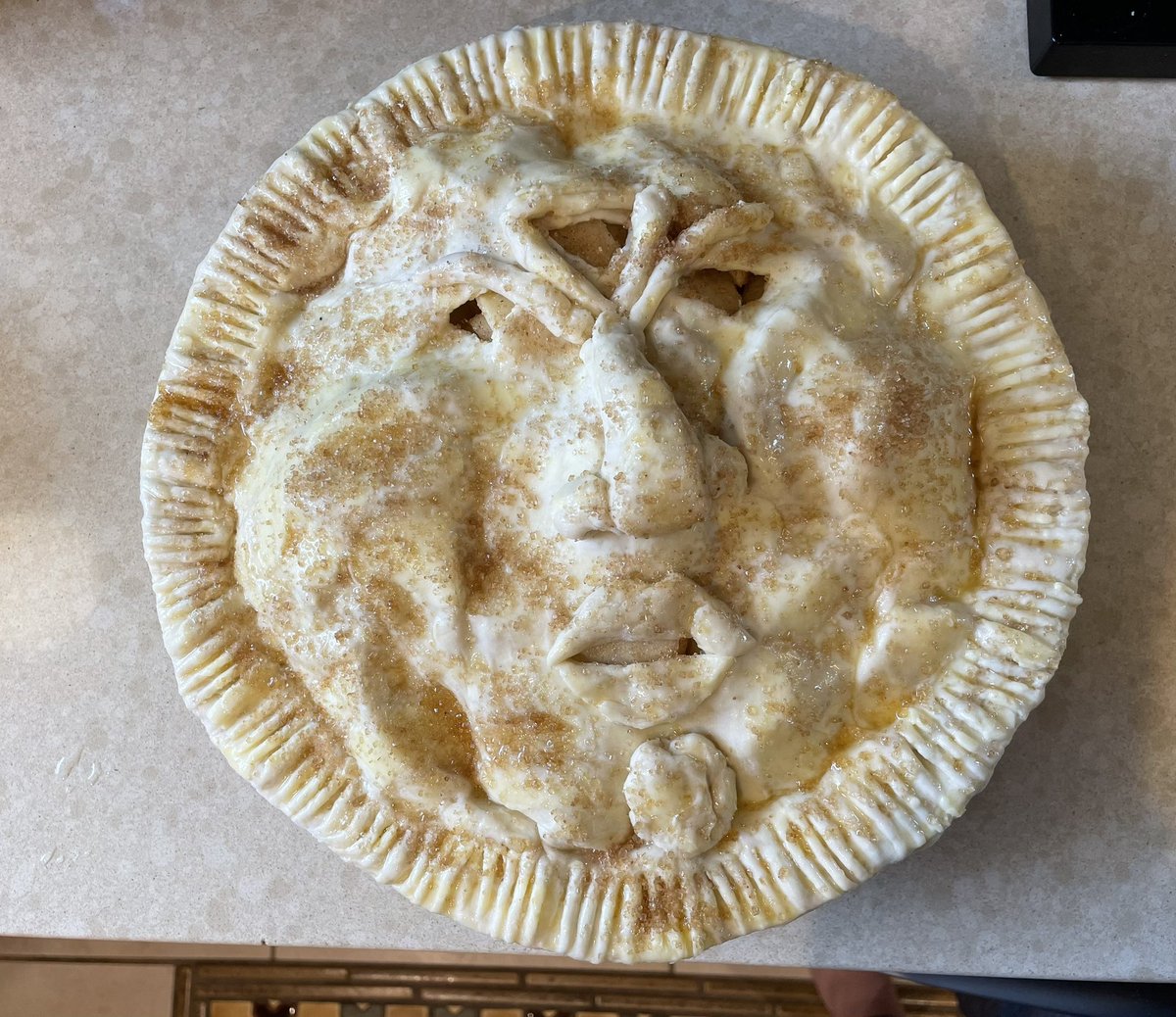 hello i’m making an apple pie that looks like Dagoth Ur from Morrowind, check back in like ~75min to see how he comes out 😭😭