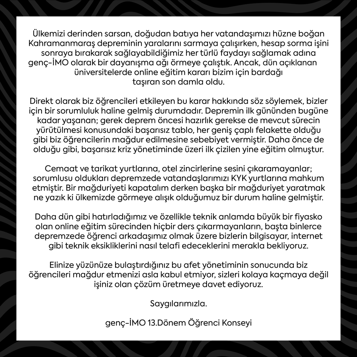 KYK'LAR SON ÇARE OLARAK KULLANILMALIDIR, EĞİTİM VAZGEÇECEĞİMİZ İLK ŞEY OLAMAZ!

GEREKLİ ERTELEME SÜRESİ BELİRLENMELİ, SONRASINDA EĞİTİM YÜZ YÜZE OLARAK DEVAM ETMELİDİR.

#okullaracilsin #OkullarAcıkKalsın #YurtlarÇözümDeğil
