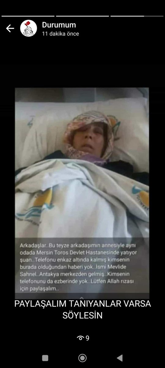 TurhanBozkurTV's tweet photo. Mevlide Sankel, #Hatay ’da enkazdan kurtarıldı. Mersin Toros Devlet Hastanesi’nde. Telefonu yok. Kimse ile irtibat kuramadı. https://t.co/4AjC0WBNZh