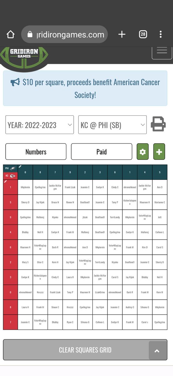 shamrockangels's tweet photo. We have filled the squares!!! Thanks for your support everyone - this means we will be sending $500 to the American Cancer Society today, woohoo!!! Here is the board below and we'll post the winner each quarter - good luck everyone! https://t.co/AqKzdckl3N