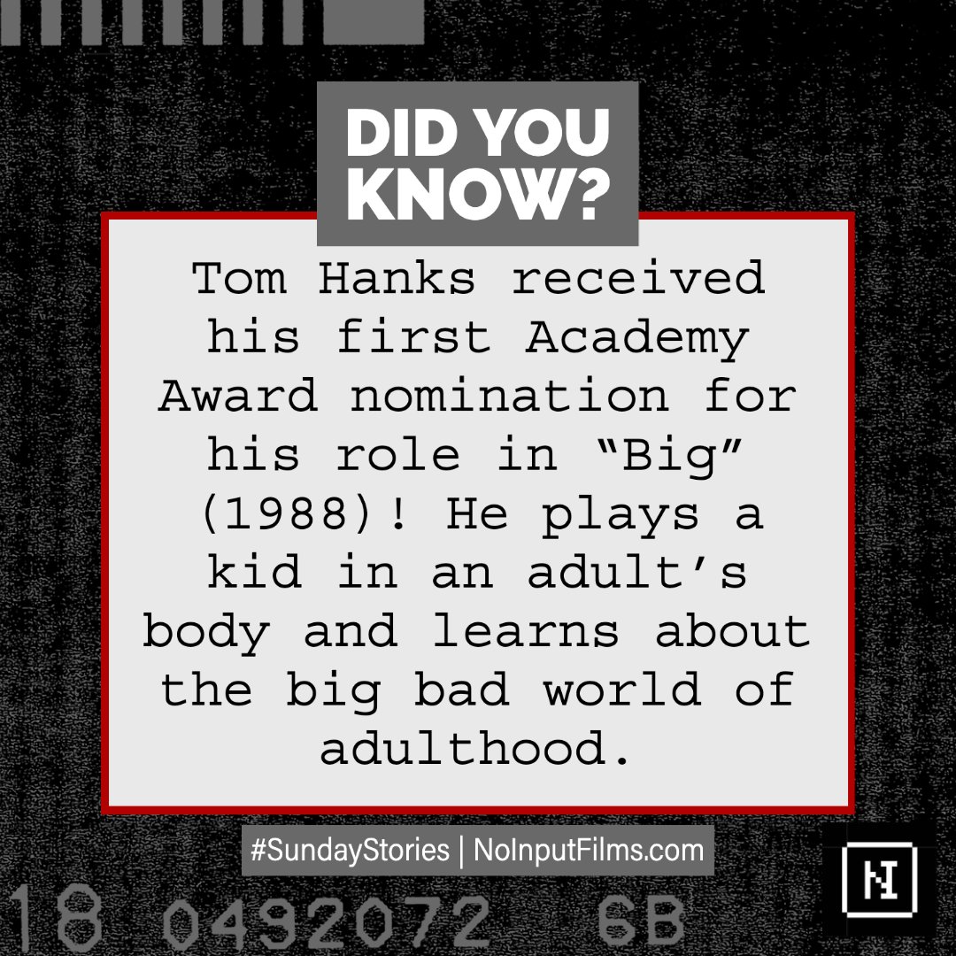 Did you know that, for his performance in Big (1988), Tom Hanks received his first ever Academy Award nomination? 

#SundayStories #NoInputFilms #Filmmaking #Filmmakers #FilmFacts #TomHanks #AcademyAwards #TheOscars