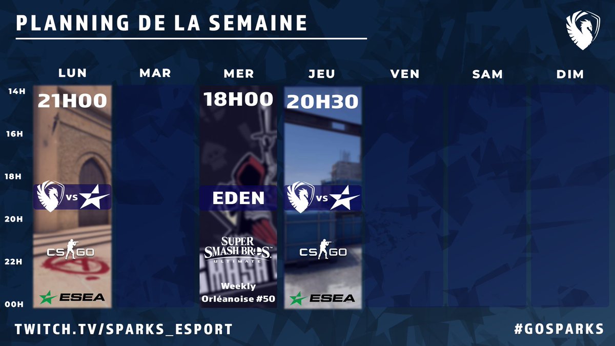 sparks_esport's tweet photo. 🔵⚪️Planning de la semaine⚪️🔵

Voilà une semaine bien chargée ! 

Match ESEA Lundi et Mercredi pour aller chercher le 7-3.

Les débuts d' @Eden_ssbu sous nos couleurs pour l'Orléanoise #50 dés Mercredi.

#GOSPARKS https://t.co/IMFyTG9FWC