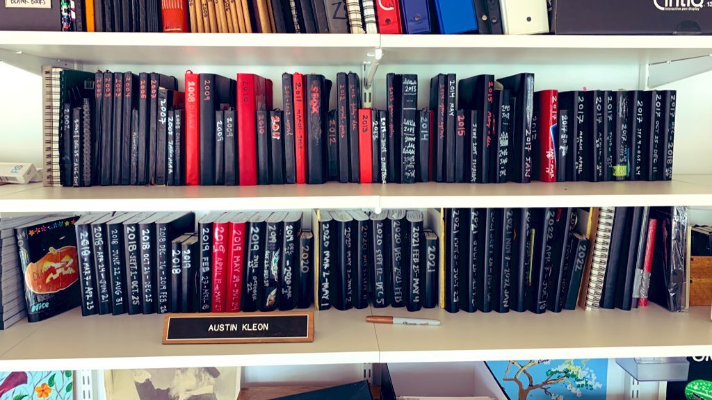 austinkleon's tweet photo. (Some of) my notebooks 2000-present — love having shelf space for them all, I like to look up today’s date in old ones and see how absolutely repetitive my life is 😂 https://t.co/v2Aay46jQ7